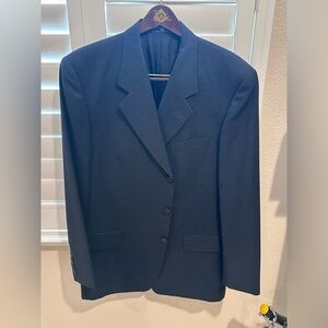 Vintage 1990s Valentino Uomo Mens Pinstripe Suit Navy Blue US 44R Made In Italy